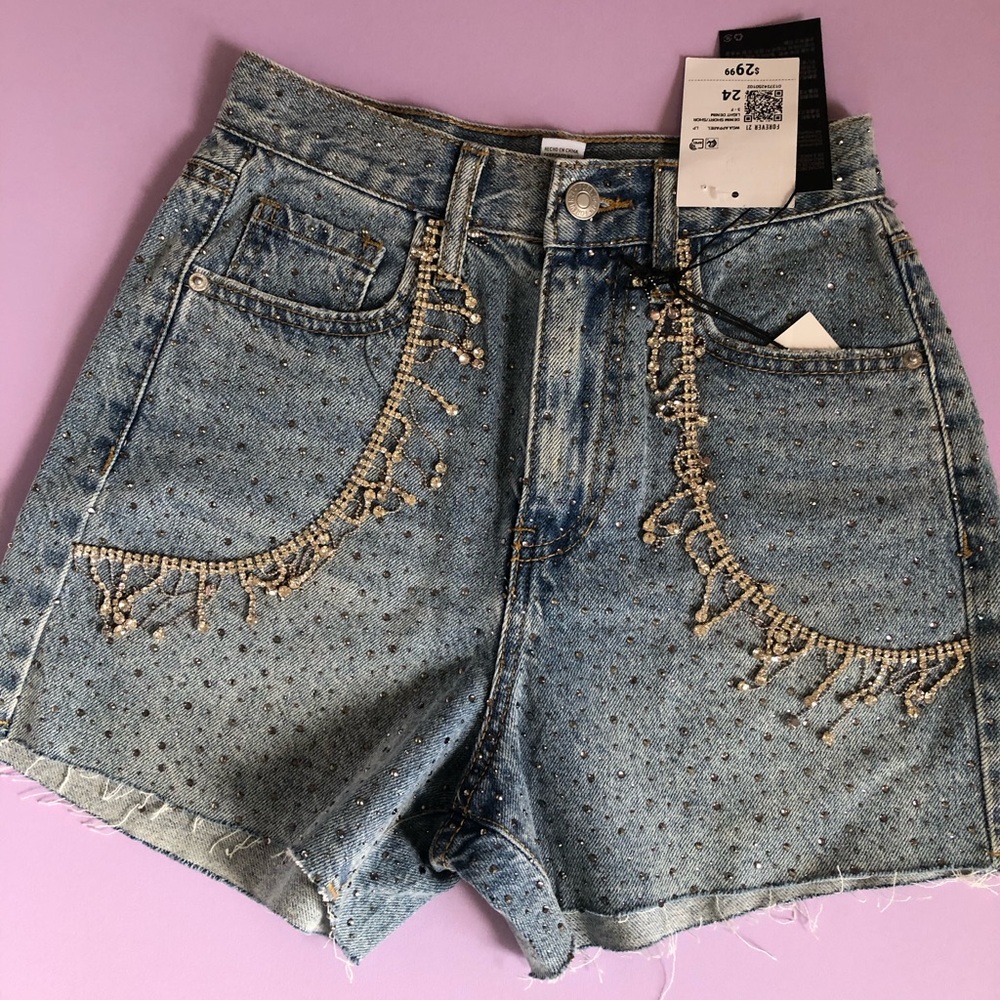 Forever 21 Light Blue Denim High-Waist Crystal Fringe Shorts
